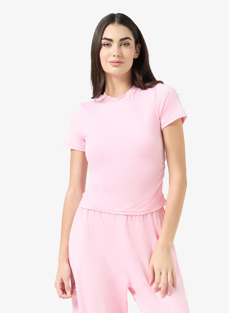 Ginger Basics Pink Soft Comfy Ruched Top & Straight Fit Pant Lounge Set for Women | Best Price UAE