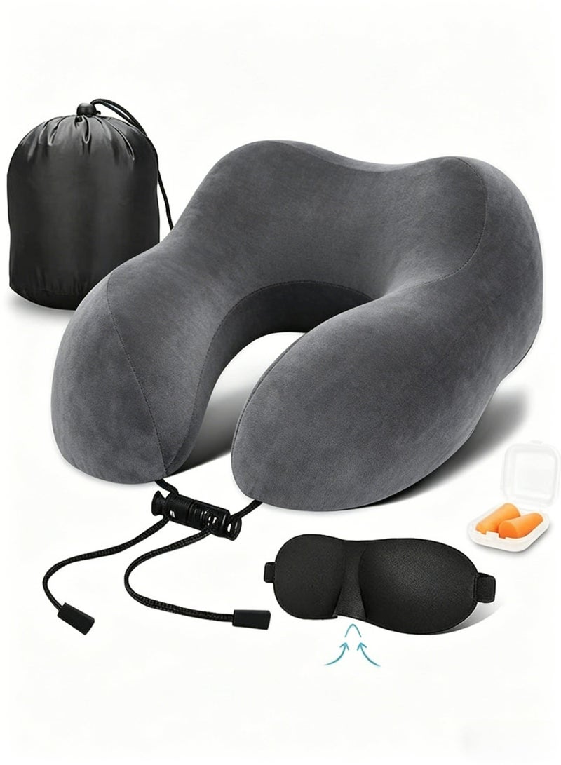 100% Memory Foam U Shape Travel Pillow, 360° Neck & Head Support Pillow, Portable Soft Breathable Travel Kit with 3D Eye Masks, Earplugs and Storage Bag for Airplane, Car, Office and Home - Image 1