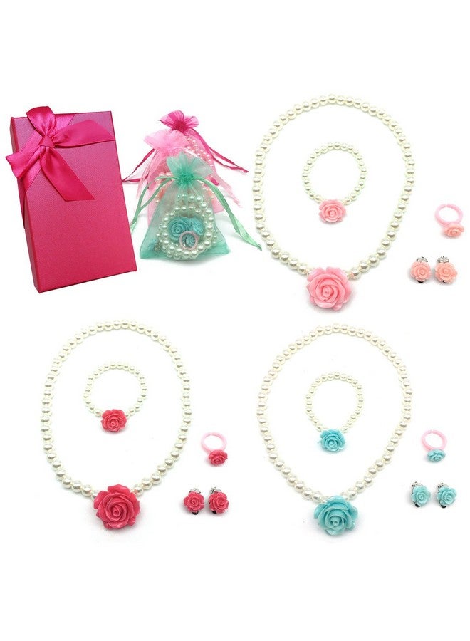 Elesa Miracle Girl Party Favor Pretend Play Princess Rose Pearl Jewelry Value Set - Necklace, Bracelet, Earrings, Ring  - Image 1