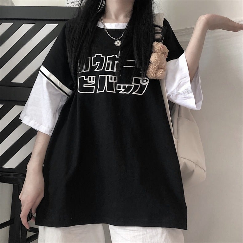Basketball Uniform Fake Two-Piece Short-Sleeved T-Shirt For Women Loose Korean Style Harajuku Style Printed Top - Image 2