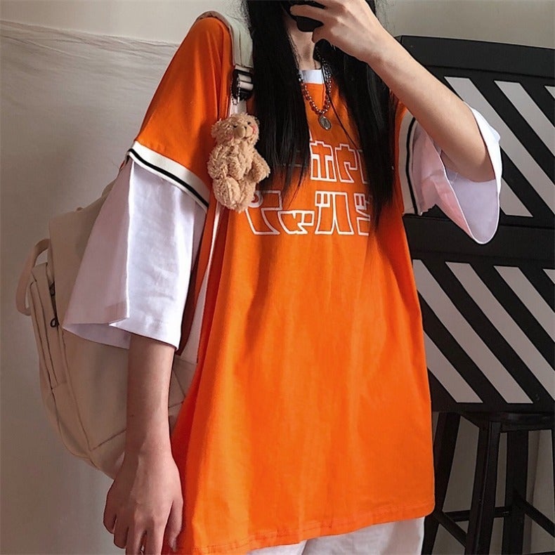 Basketball Uniform Fake Two-Piece Short-Sleeved T-Shirt For Women Loose Korean Style Harajuku Style Printed Top - Image 4