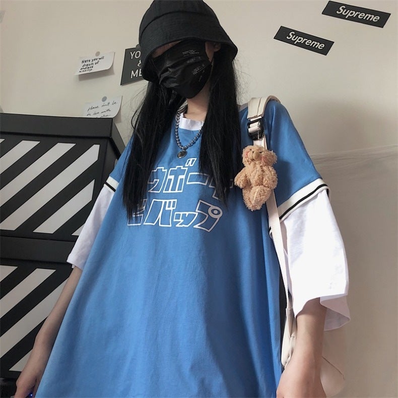 Basketball Uniform Fake Two-Piece Short-Sleeved T-Shirt For Women Loose Korean Style Harajuku Style Printed Top - Image 3