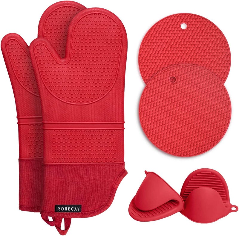 Rorecay 6pcs Oven Mitts and Pot Holders Sets for Kitchen Extra Long Silicone Oven Gloves Heat Resistant 500 Degrees NonSlip Potholders Hot Pads for Baking Cooking Quilted Liner Red