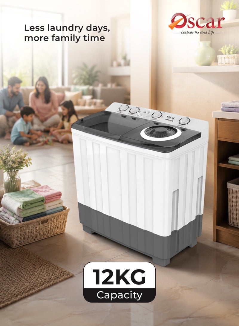OSCAR Twin tub portable Washing Machine, Powerful Pulsator, Energy Efficient, 12kg Capacity Laundry Washer and 6.5Kg Spinner Combo with Timer Knobs, Built-in Drain Pump, Compact Washer for Home Dorm Apartment (Black+White) - OWM12KG | 2 Year Warranty - Image 3
