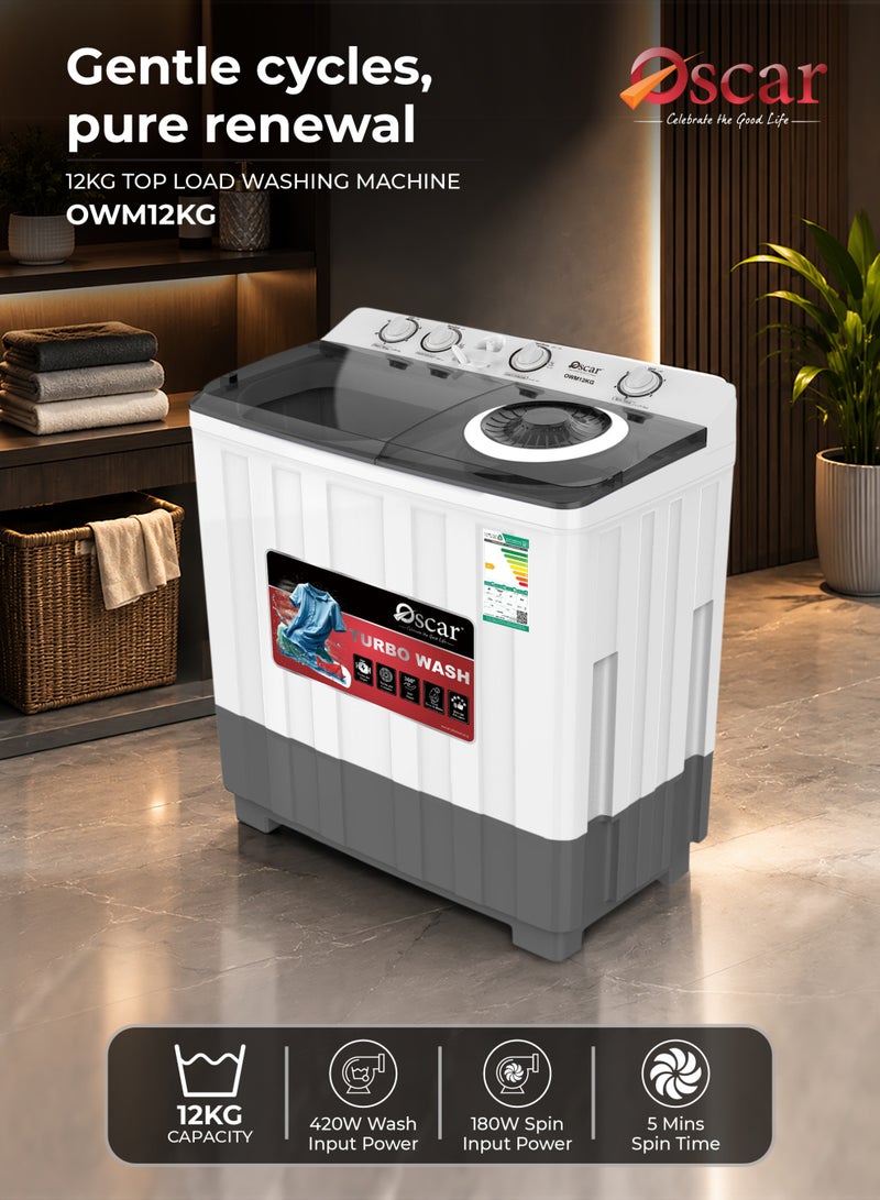 OSCAR Twin tub portable Washing Machine, Powerful Pulsator, Energy Efficient, 12kg Capacity Laundry Washer and 6.5Kg Spinner Combo with Timer Knobs, Built-in Drain Pump, Compact Washer for Home Dorm Apartment (Black+White) - OWM12KG | 2 Year Warranty - Image 2