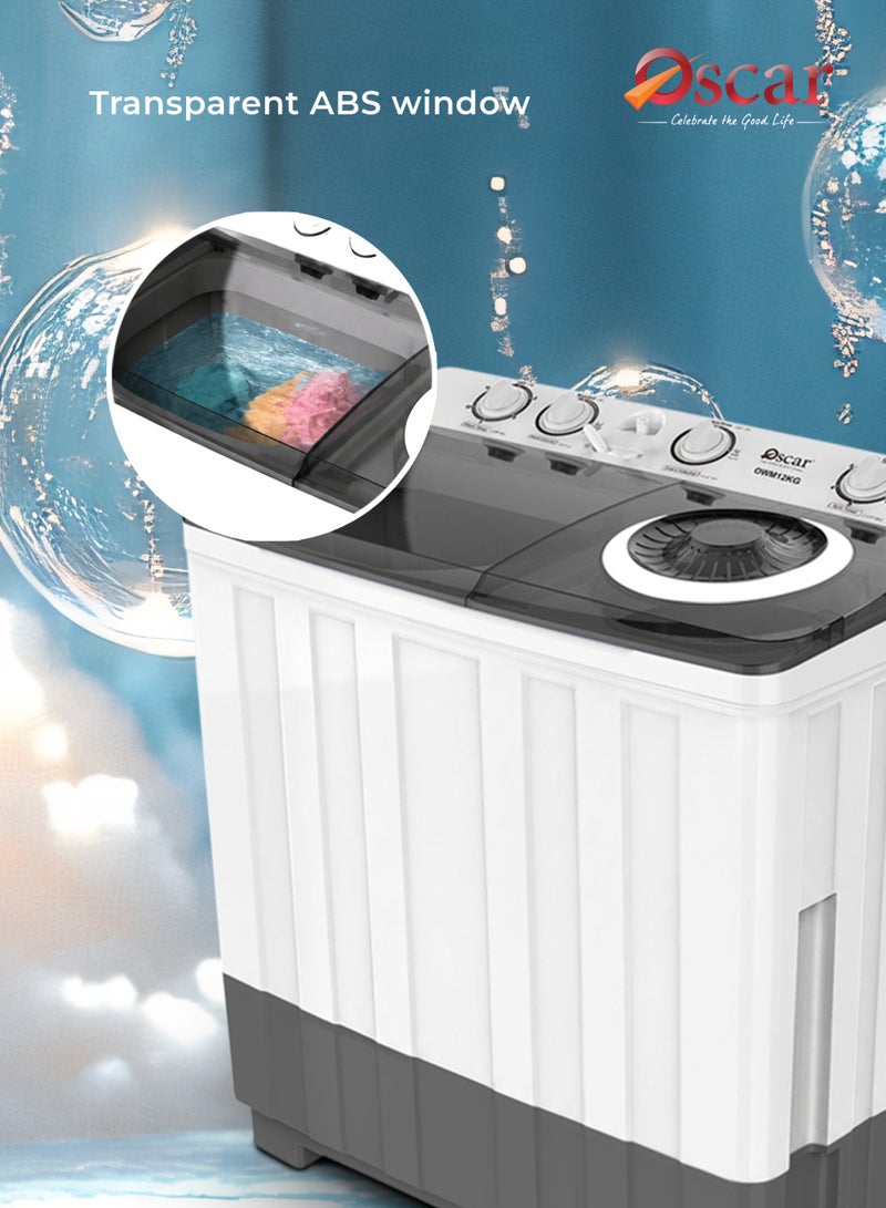 OSCAR Twin tub portable Washing Machine, Powerful Pulsator, Energy Efficient, 12kg Capacity Laundry Washer and 6.5Kg Spinner Combo with Timer Knobs, Built-in Drain Pump, Compact Washer for Home Dorm Apartment (Black+White) - OWM12KG | 2 Year Warranty - Image 4