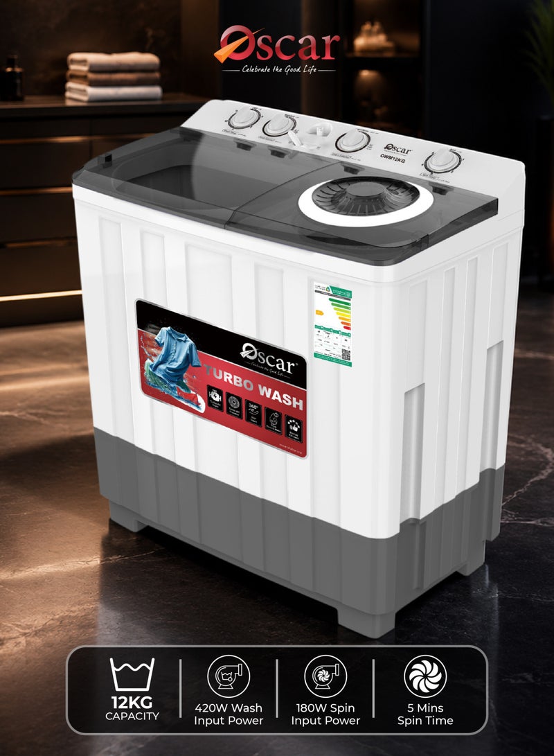OSCAR Twin tub portable Washing Machine, Powerful Pulsator, Energy Efficient, 12kg Capacity Laundry Washer and 6.5Kg Spinner Combo with Timer Knobs, Built-in Drain Pump, Compact Washer for Home Dorm Apartment (Black+White) - OWM12KG | 2 Year Warranty - Image 1