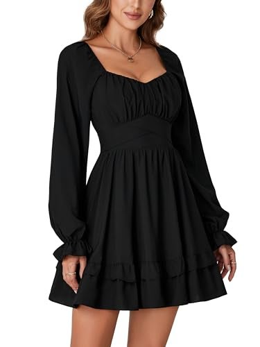KIFOVEN Women's Lantern Long Sleeve Smocked Wrap Tiered Ruffle Flowy A Line Short Mini Dress Black X-Large - Image 4