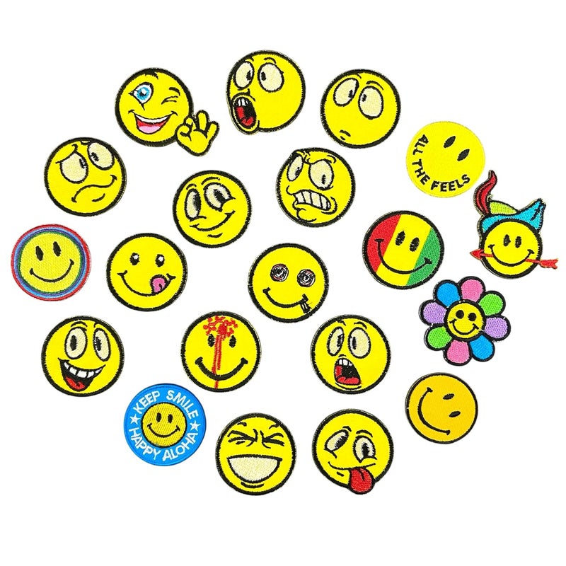 Ushaworks Smiley Emojis Embroidered Patches Iron on Sew on Patches for Clothes Jackets Pants Jeans Bags Shoes Boutique Yellow Pack of 10 Piece Mix 4CM  - Image 1