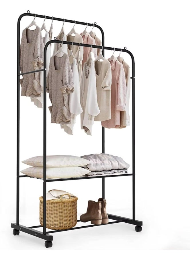 Black 2-Layer Clothing Rack with Wheels - Image 1