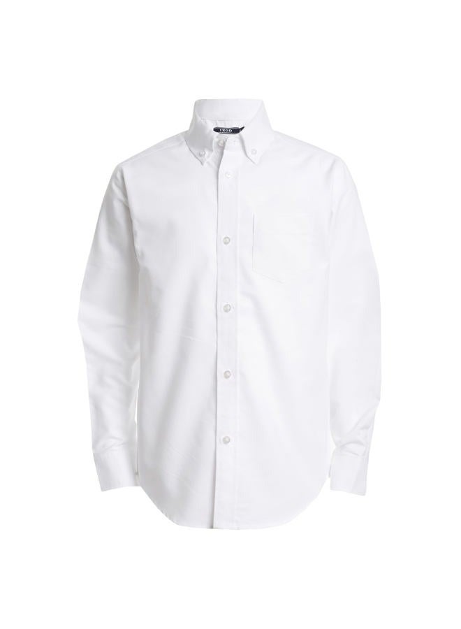 IZOD Boys' Long Sleeve Solid Button-Down Collared Oxford Shirt with Chest Pocket, White, 4 - Image 1