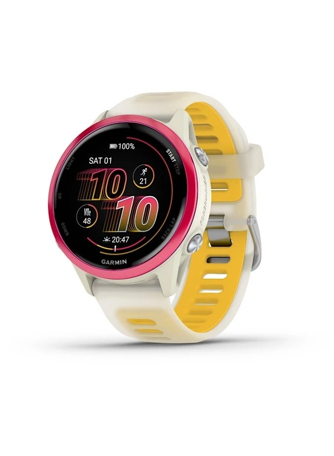 Forerunner 570 - 42MM - Raspberry Aluminium with Translucent Bone/Mango - Up to 10 Days of Battery life - 1.2" Amoled Display, Corning Gorilla Glass 3, Heart Rate Monitor, All day stress monitor, Advanced GPS features, Music on your Wrist, iOS and Android compatible Raspberry