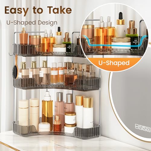 Kinkota 3-Tier Corner Organizer with Hooks, Gray PET Counter Storage | Multi-Purpose for Bathroom Skincare & Kitchen Organization - Image 4