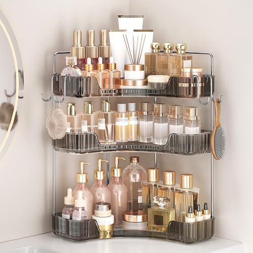 Kinkota 3-Tier Corner Organizer with Hooks, Gray PET Counter Storage | Multi-Purpose for Bathroom Skincare & Kitchen Organization - Image 1