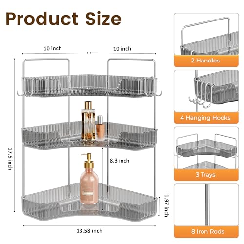 Kinkota 3-Tier Corner Organizer with Hooks, Gray PET Counter Storage | Multi-Purpose for Bathroom Skincare & Kitchen Organization - Image 2
