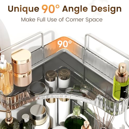Kinkota 3-Tier Corner Organizer with Hooks, Gray PET Counter Storage | Multi-Purpose for Bathroom Skincare & Kitchen Organization - Image 3