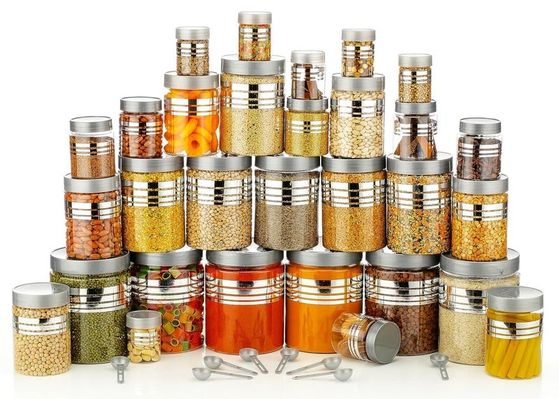 HomeAra Plastic Pet Storage Jar and Container, Set of 16 (4 ps x 250ml, 4 ps x350ml, 4 ps x 650ml, 4 ps x 1200ml) With Spoons Air Tight Kitchen Organiser Improved Model Silver line Printed - Image 5