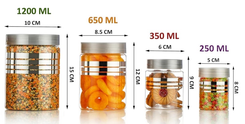 HomeAra Plastic Pet Storage Jar and Container, Set of 16 (4 ps x 250ml, 4 ps x350ml, 4 ps x 650ml, 4 ps x 1200ml) With Spoons Air Tight Kitchen Organiser Improved Model Silver line Printed - Image 3