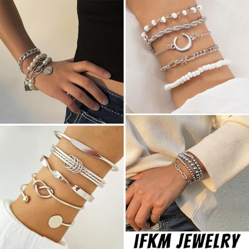 IFKM 28pcs Silver Chain Bracelets Set for Women 14K Gold Plated Multiple Layered Stackable Open Cuff Bangle Bracelet Bracelets Adjustable Link Tennis Beads Italian Cuban Jewelry for Women Gift - Image 3