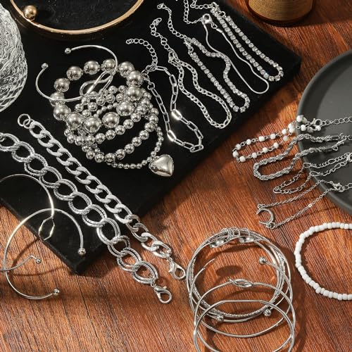 IFKM 28pcs Silver Chain Bracelets Set for Women 14K Gold Plated Multiple Layered Stackable Open Cuff Bangle Bracelet Bracelets Adjustable Link Tennis Beads Italian Cuban Jewelry for Women Gift - Image 4