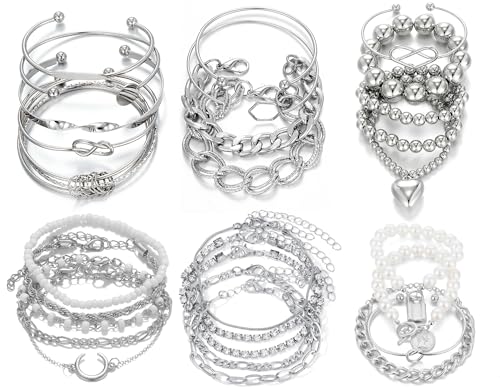 IFKM 28pcs Silver Chain Bracelets Set for Women 14K Gold Plated Multiple Layered Stackable Open Cuff Bangle Bracelet Bracelets Adjustable Link Tennis Beads Italian Cuban Jewelry for Women Gift - Image 1