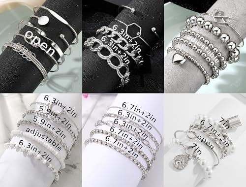 IFKM 28pcs Silver Chain Bracelets Set for Women 14K Gold Plated Multiple Layered Stackable Open Cuff Bangle Bracelet Bracelets Adjustable Link Tennis Beads Italian Cuban Jewelry for Women Gift - Image 5