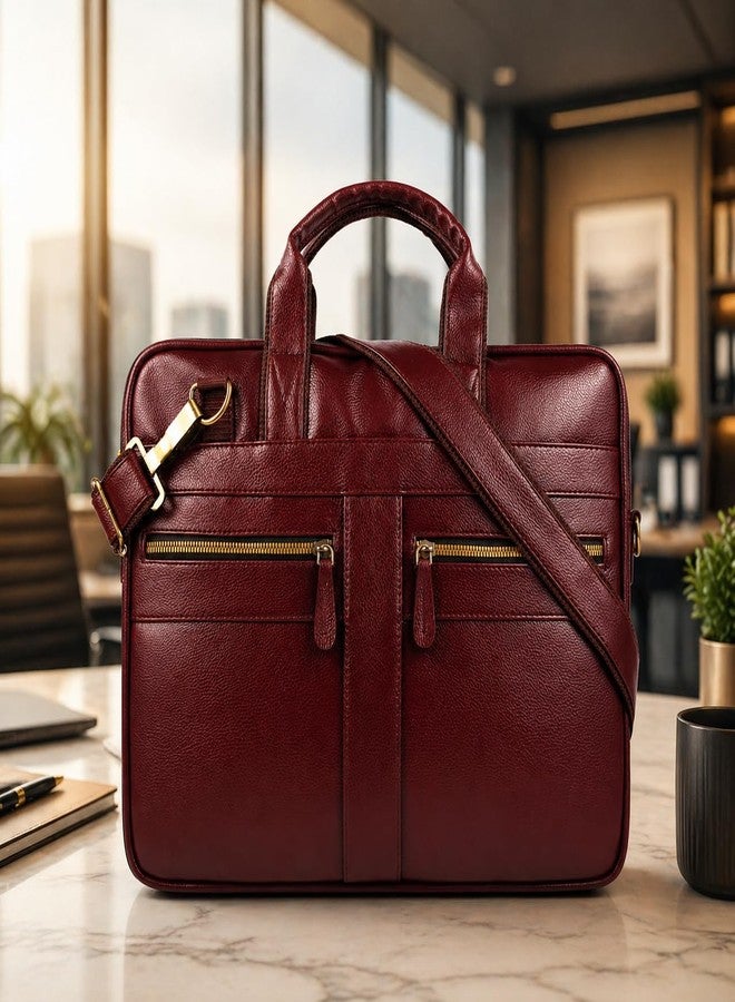 SAMTROH Men's Premium Leather Laptop Bag, Office Briefcase with Adjustable Strap & Metal Zipper, Fits 14-15.6 Inch Laptop (Brown) - Image 2