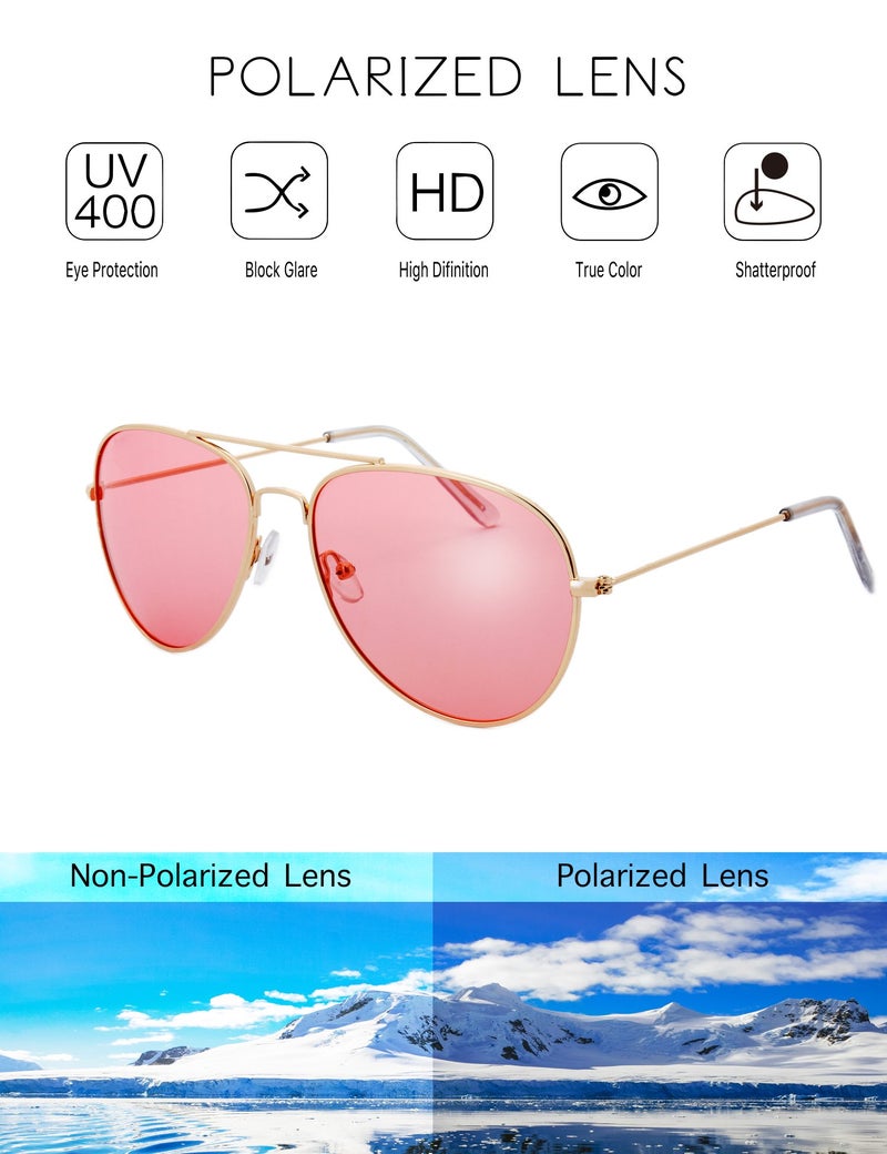 The Fresh Classic Metal Frame Polarized Lens Aviator Sunglasses with Gift Box (12-Gold, PINK) - Image 2