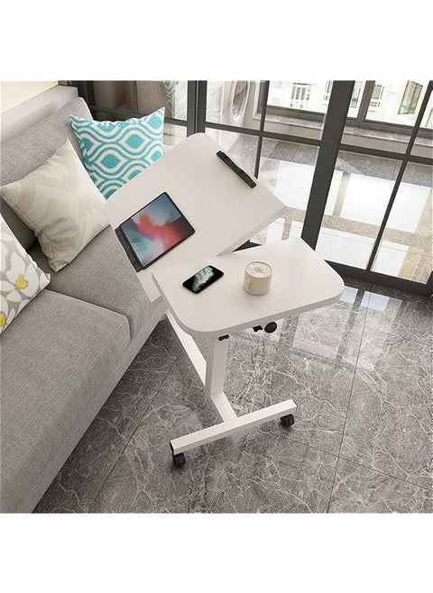 Lifting and Rotating Laptop Desk for Home and Office, Movable Bedside Table with Rollers, Adjustable Computer Stand, with 4 Wheels Sofa Side Table, Coffee Table 60 * 40 (White)
