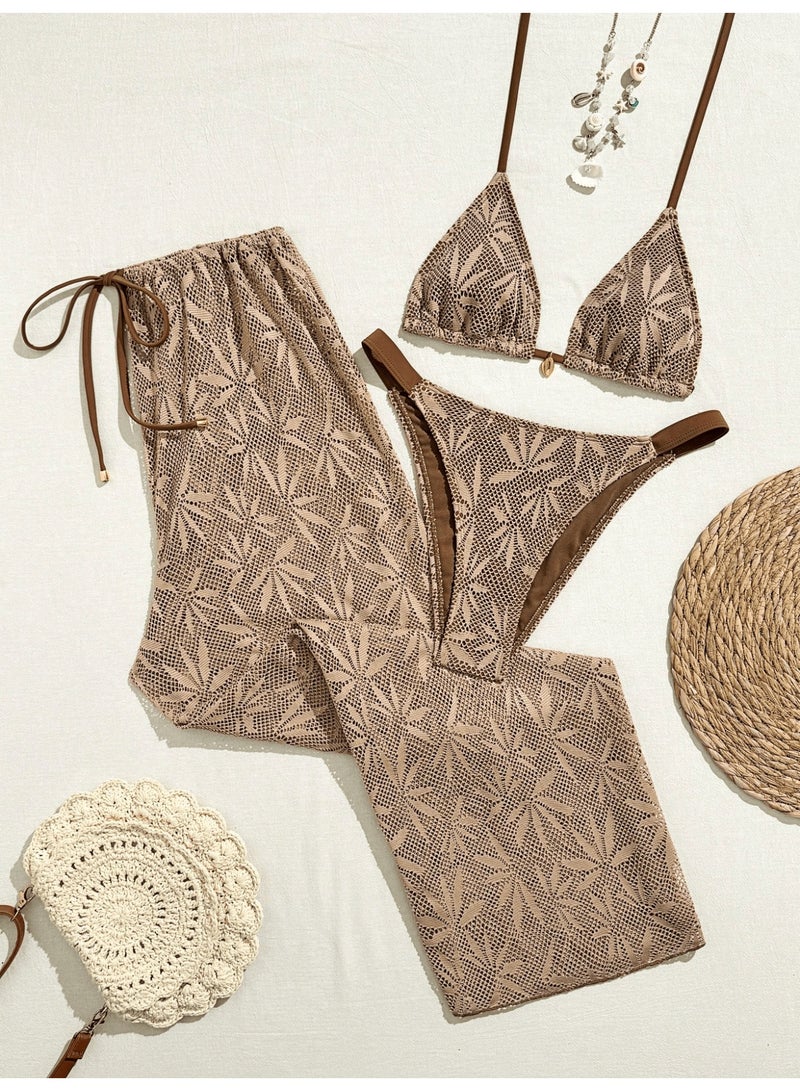 VENTRA Women's 3 Piece Bikini Beach Set,Halter Triangle Cup Swimsuit with Hollow Out Beach Pants - Image 1