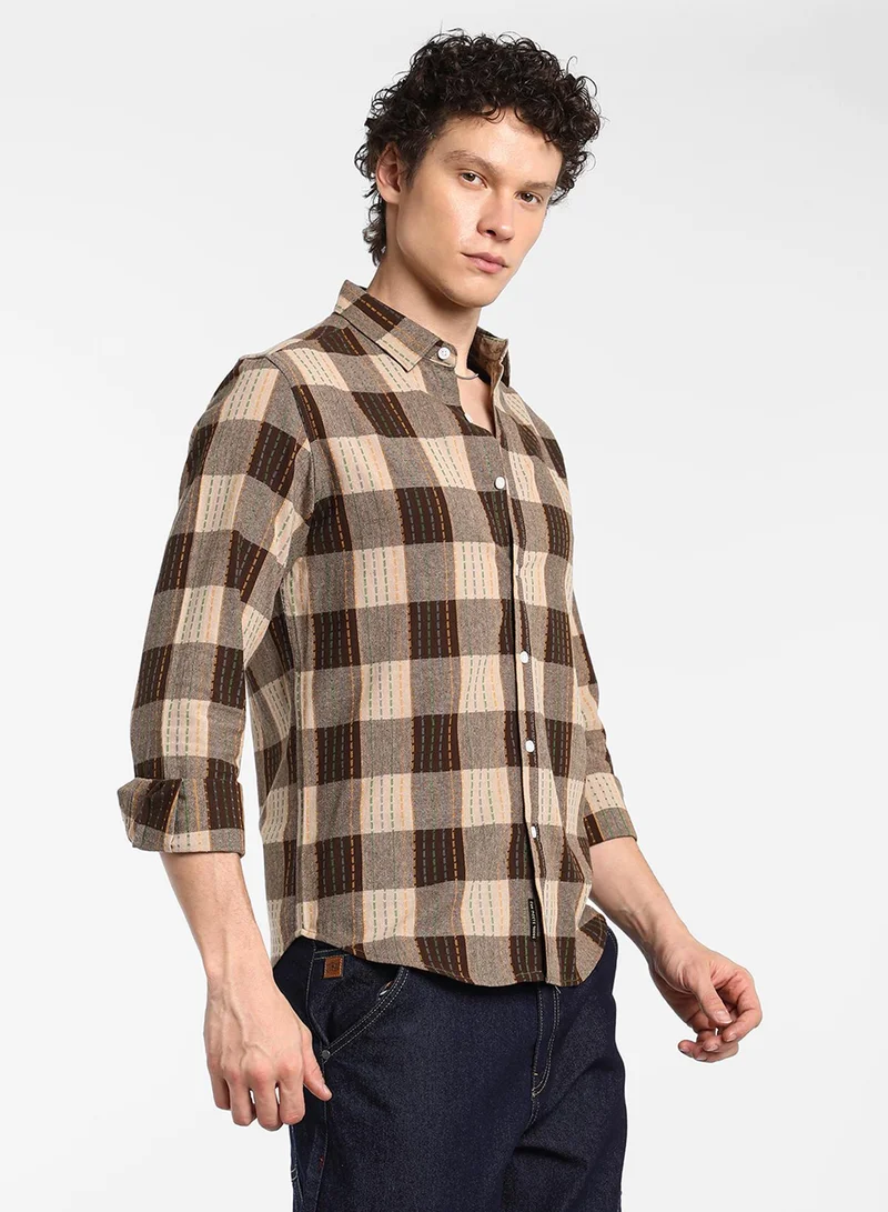 كامبوس سوترا Men's Chocolate Brown Chalk-Buffalo Check Shirt