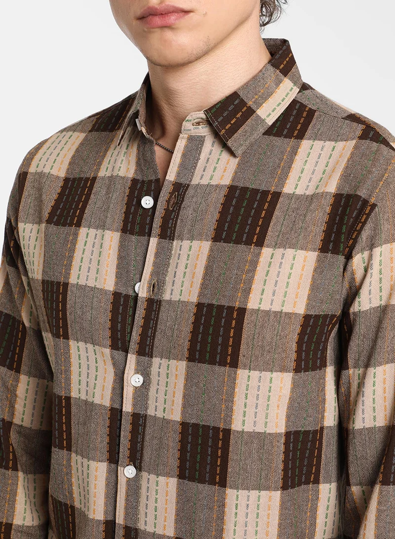 كامبوس سوترا Men's Chocolate Brown Chalk-Buffalo Check Shirt