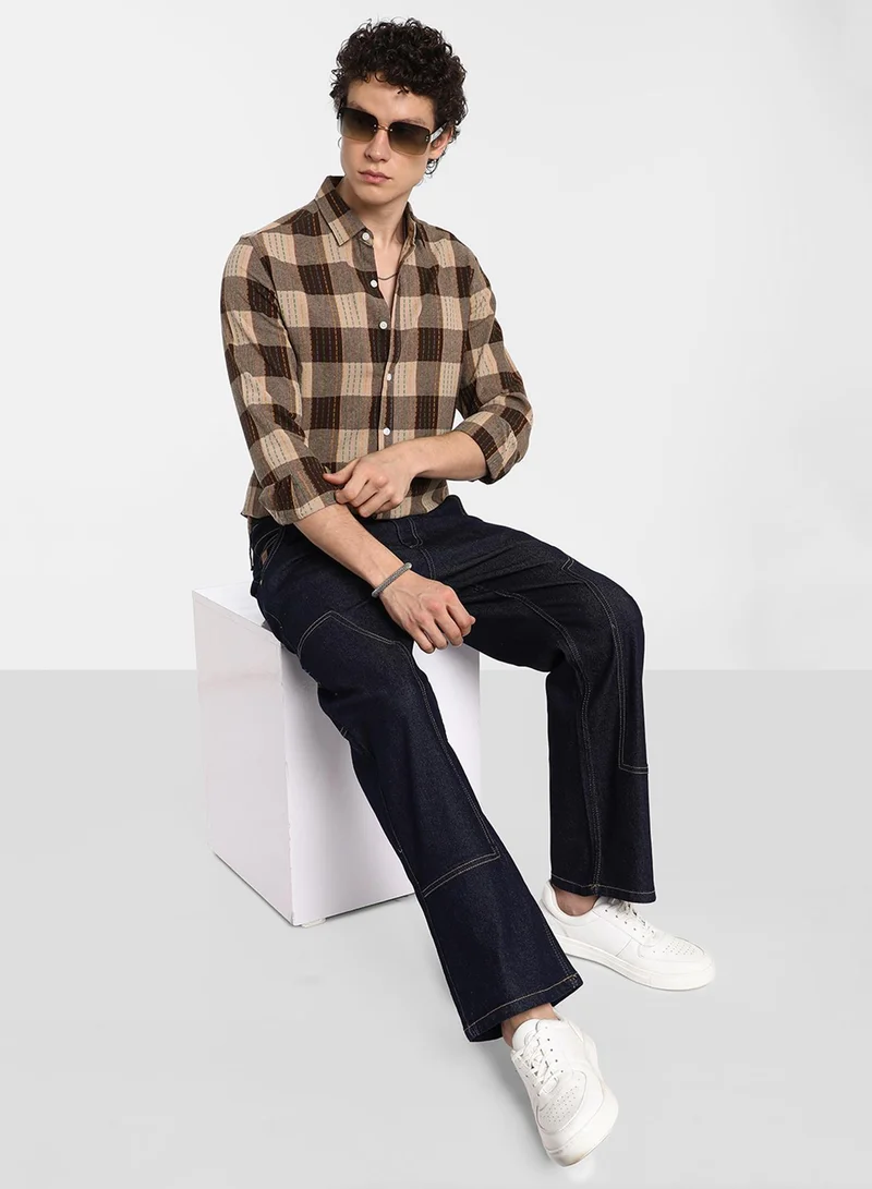كامبوس سوترا Men's Chocolate Brown Chalk-Buffalo Check Shirt