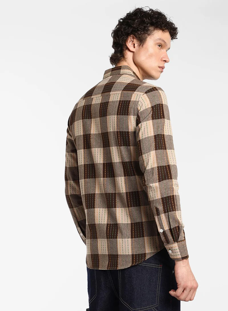 كامبوس سوترا Men's Chocolate Brown Chalk-Buffalo Check Shirt