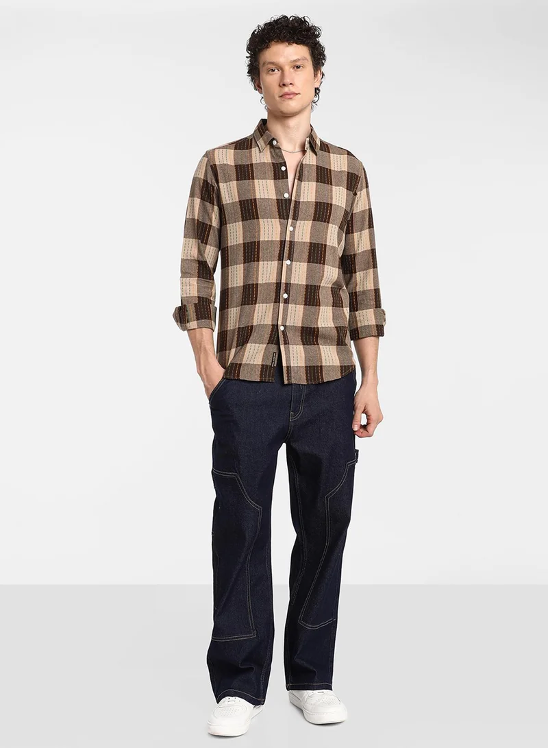 كامبوس سوترا Men's Chocolate Brown Chalk-Buffalo Check Shirt