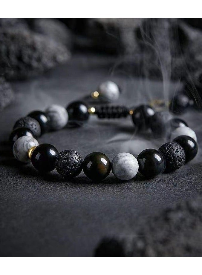 Mens Lava Stone Bracelet Adjustable 18-24cm | 10mm Natural Volcanic Rock Beads | Black and White Triangle Charm | Geometric Planet Design | Minimalist Fashion Jewelry for Men - Image 1