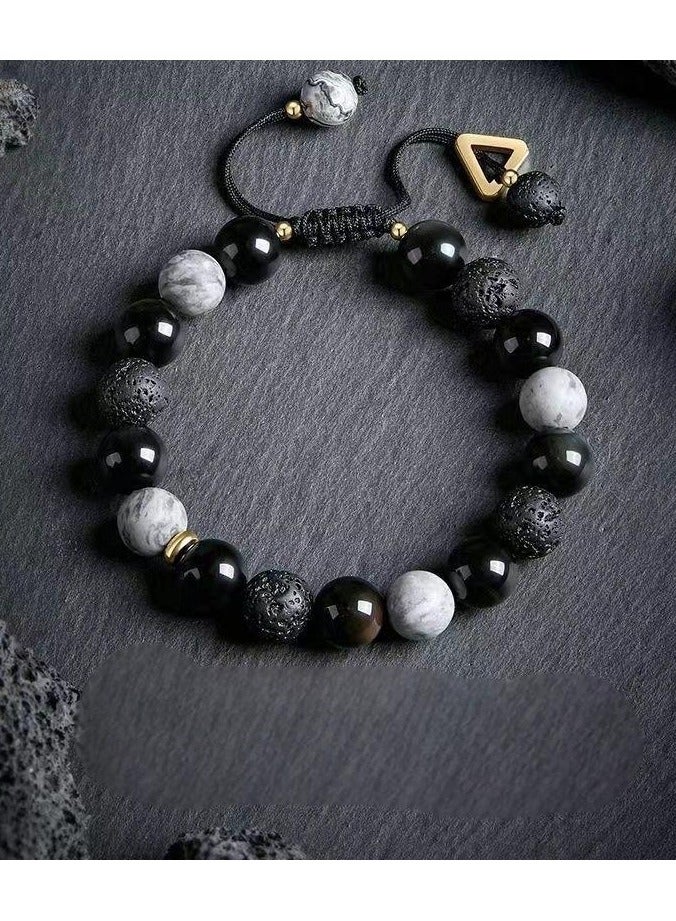 Mens Lava Stone Bracelet Adjustable 18-24cm | 10mm Natural Volcanic Rock Beads | Black and White Triangle Charm | Geometric Planet Design | Minimalist Fashion Jewelry for Men - Image 2