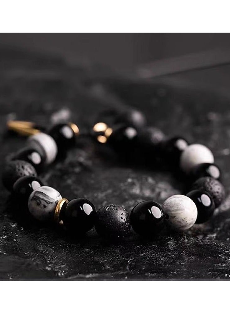 Mens Lava Stone Bracelet Adjustable 18-24cm | 10mm Natural Volcanic Rock Beads | Black and White Triangle Charm | Geometric Planet Design | Minimalist Fashion Jewelry for Men - Image 4