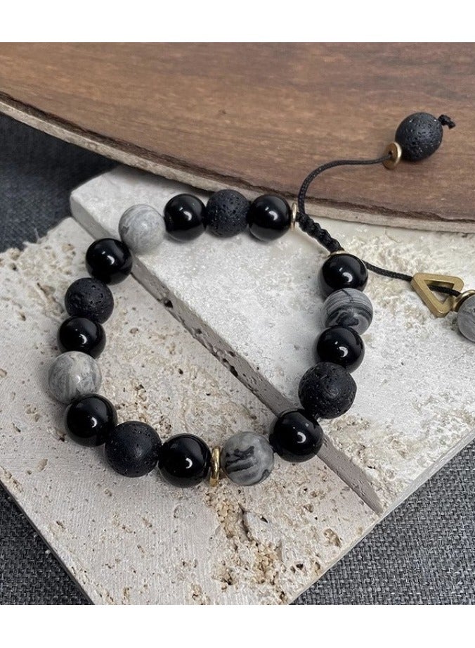 Mens Lava Stone Bracelet Adjustable 18-24cm | 10mm Natural Volcanic Rock Beads | Black and White Triangle Charm | Geometric Planet Design | Minimalist Fashion Jewelry for Men - Image 3