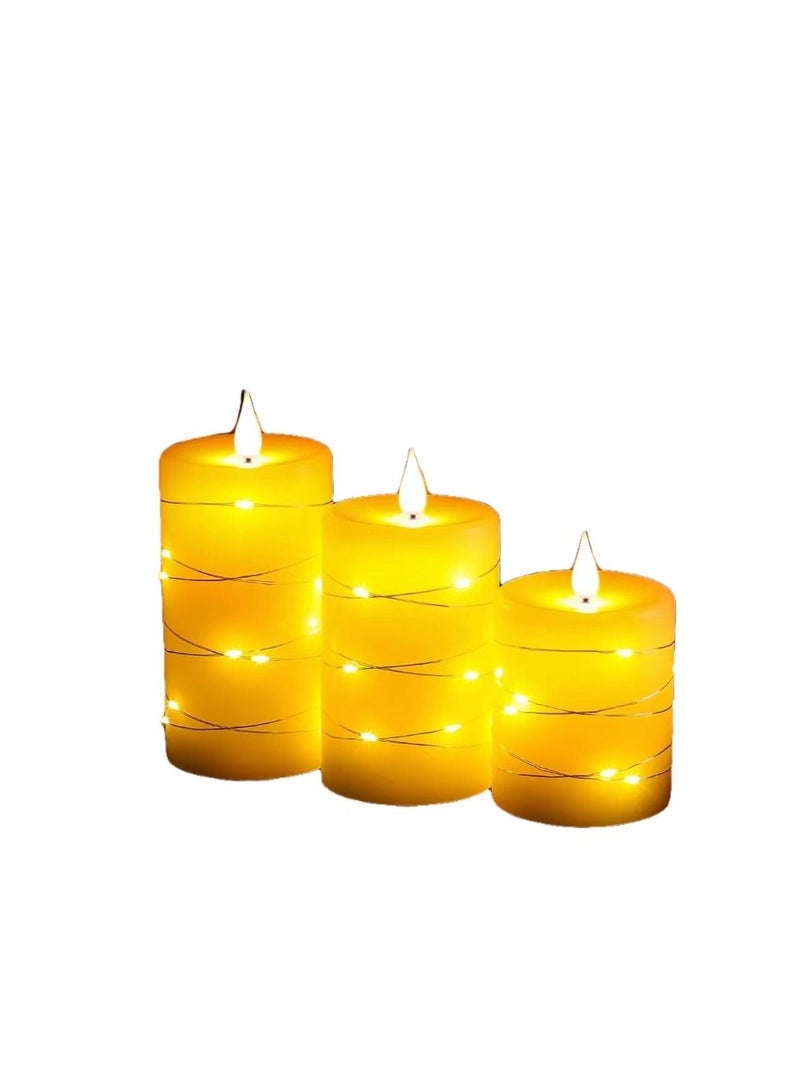 Flameless Flickering Candle,  Pillar Candle,With Embedded String Lights,3 Pack LED Romantic Candle With Remote Control, (Ivory) - Image 1