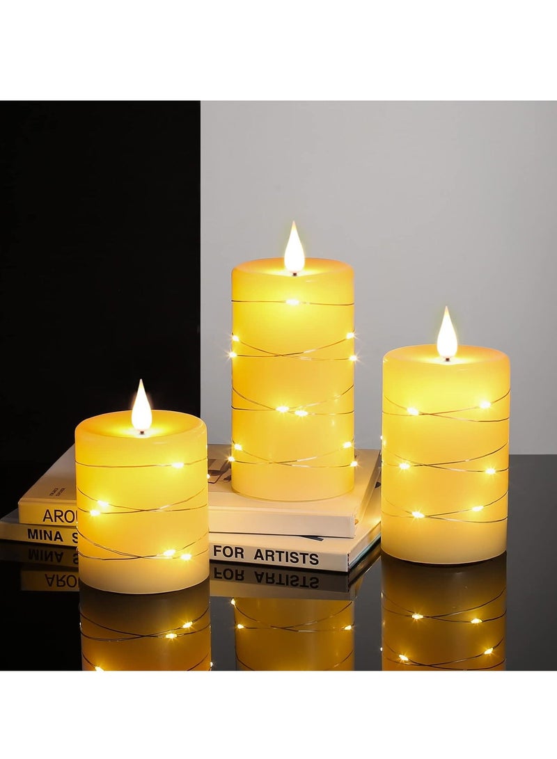Flameless Flickering Candle,  Pillar Candle,With Embedded String Lights,3 Pack LED Romantic Candle With Remote Control, (Ivory) - Image 5