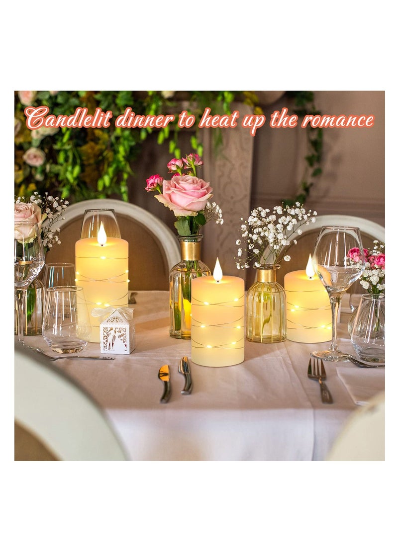 Flameless Flickering Candle,  Pillar Candle,With Embedded String Lights,3 Pack LED Romantic Candle With Remote Control, (Ivory) - Image 3