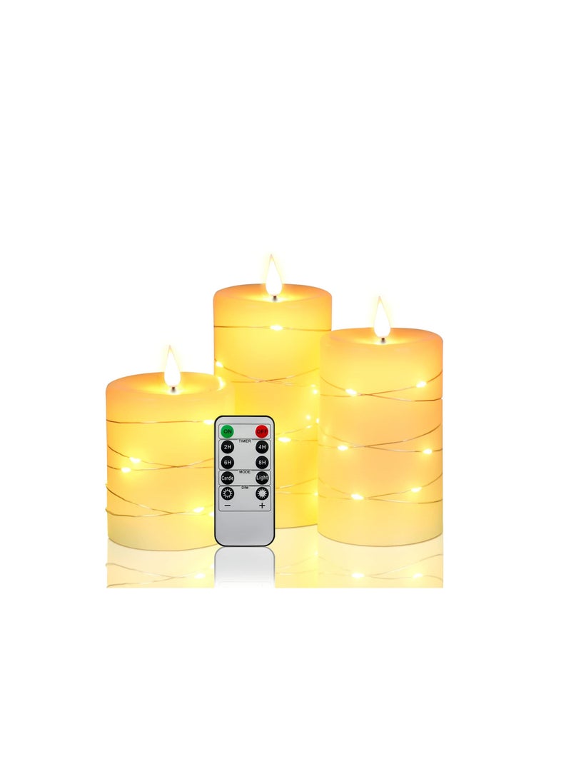 Flameless Flickering Candle,  Pillar Candle,With Embedded String Lights,3 Pack LED Romantic Candle With Remote Control, (Ivory) - Image 2