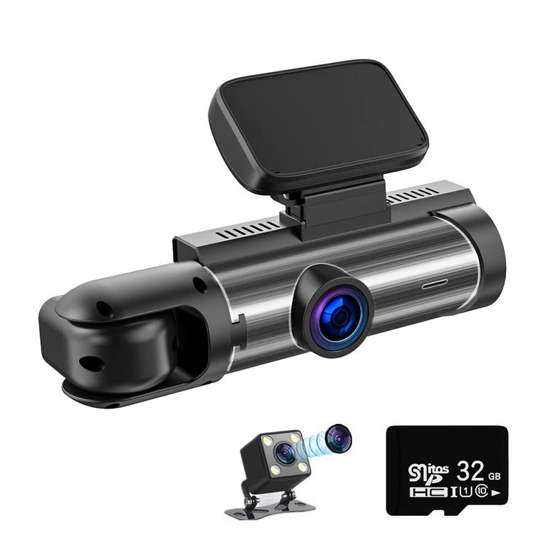 1080P car driving recorder with three lenses, front mounted and built-in rear DVR recorder, 3.16-inch screen, wide angle 170 °, night vision G high-definition sensor, loop recording for 24-hour monitoring, equipped with WiFi and 32GB card - Image 1