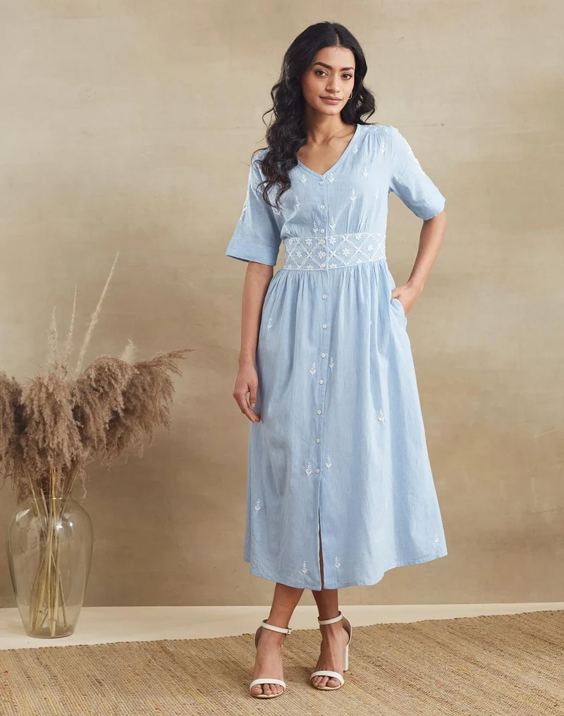 فاب انديا Blue Cotton Chikankari Midi Dress