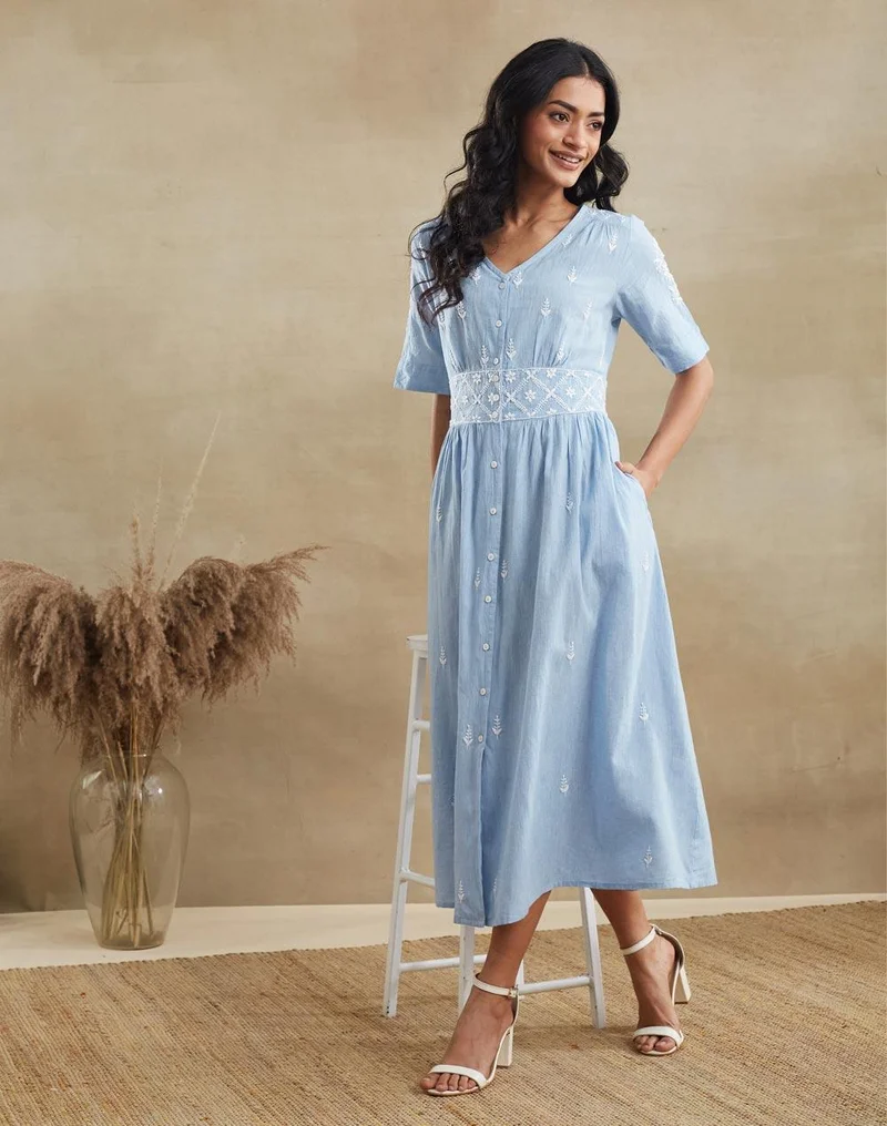 فاب انديا Blue Cotton Chikankari Midi Dress