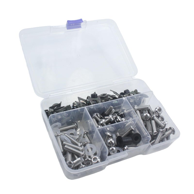 Adsspro Motorcycle 177pcs M5 M6 Fairing Bolt Kit Windscreen Screws stainless steel Fasteners Fairing Bolts Nut Clips Set Mounting Kits Washers Nuts Screws for Motorbike Motocross Sport Bikes silver