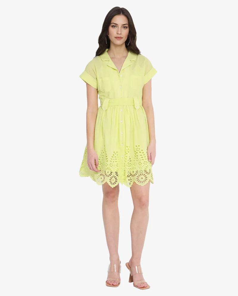 Rareism Rareism Women Gunthaar Light Green Cotton Fabric Cap Sleeve Collared Neck Solid Longline Dress