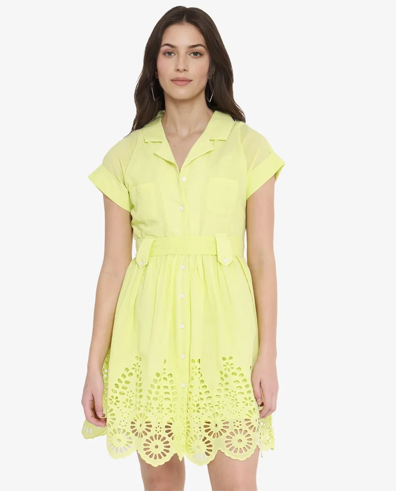 Rareism Rareism Women Gunthaar Light Green Cotton Fabric Cap Sleeve Collared Neck Solid Longline Dress