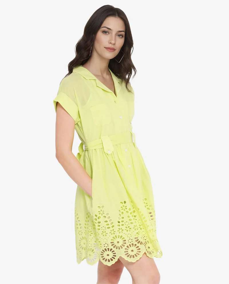Rareism Women's Schiffli Hem Knee-Length Shirt Dress